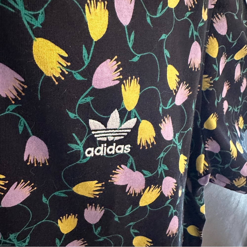adidas Black Floral Short Sleeve Tee with White Stripes - Picture 7 of 13
